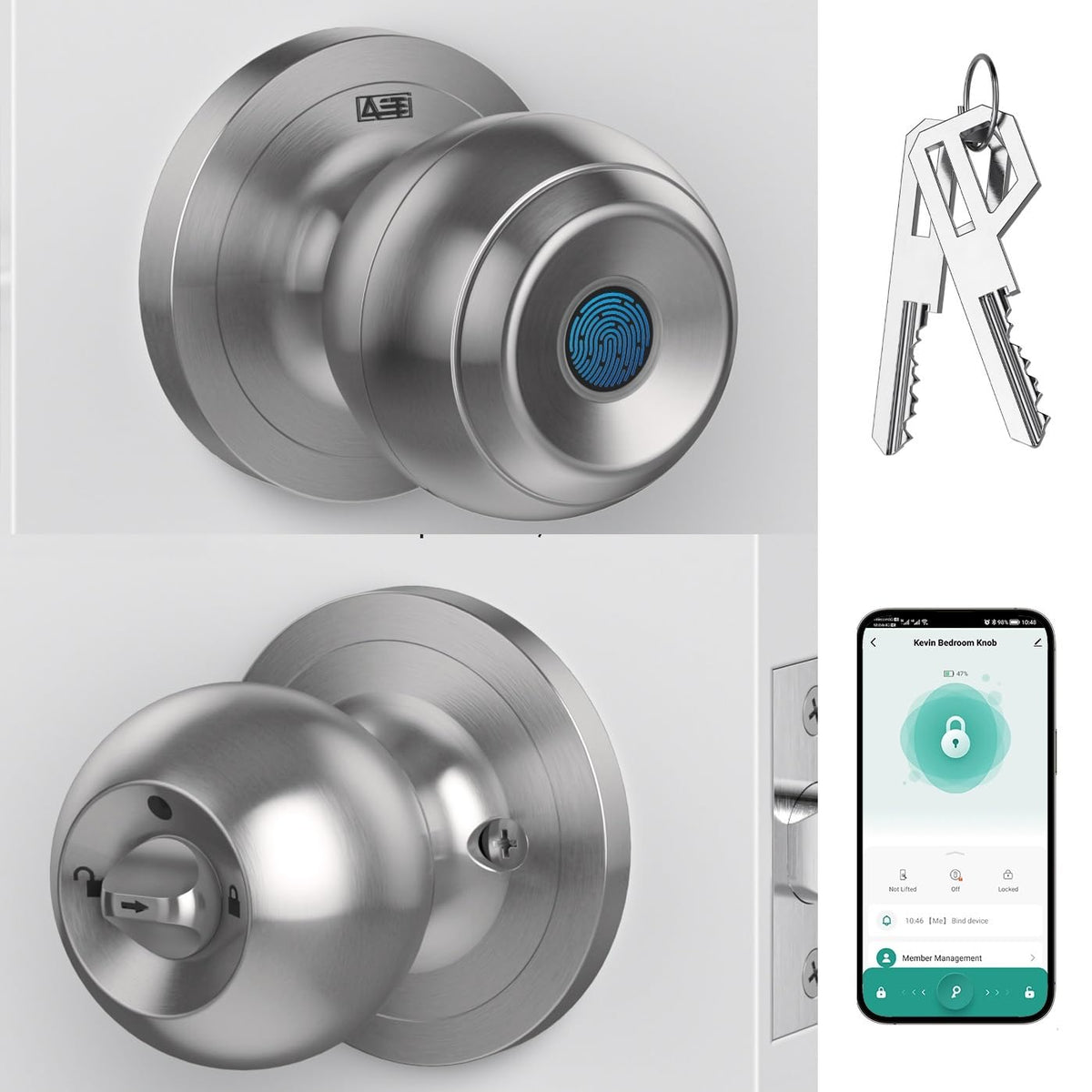 AST Fingerprint Door Knob with Autolock, Passage and Privacy Functions, Rechargeable Keyless Smart Door Knob Lock, Digital Biometric Door Knob with APP (Brushed Stainless Steel)