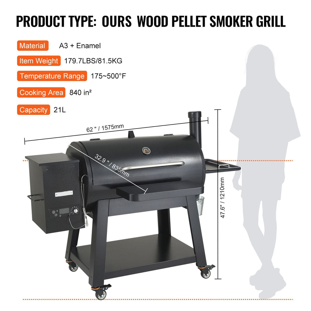 62 inch Portable Charcoal Grill, Propane Gas Grills with Cover and Cart, Heavy Duty Iron BBQ Grill, Mini Tabletop Smoker for Outdoor Cooking, Barbecue Camping, Picnic, Patio, and Backyard, Black