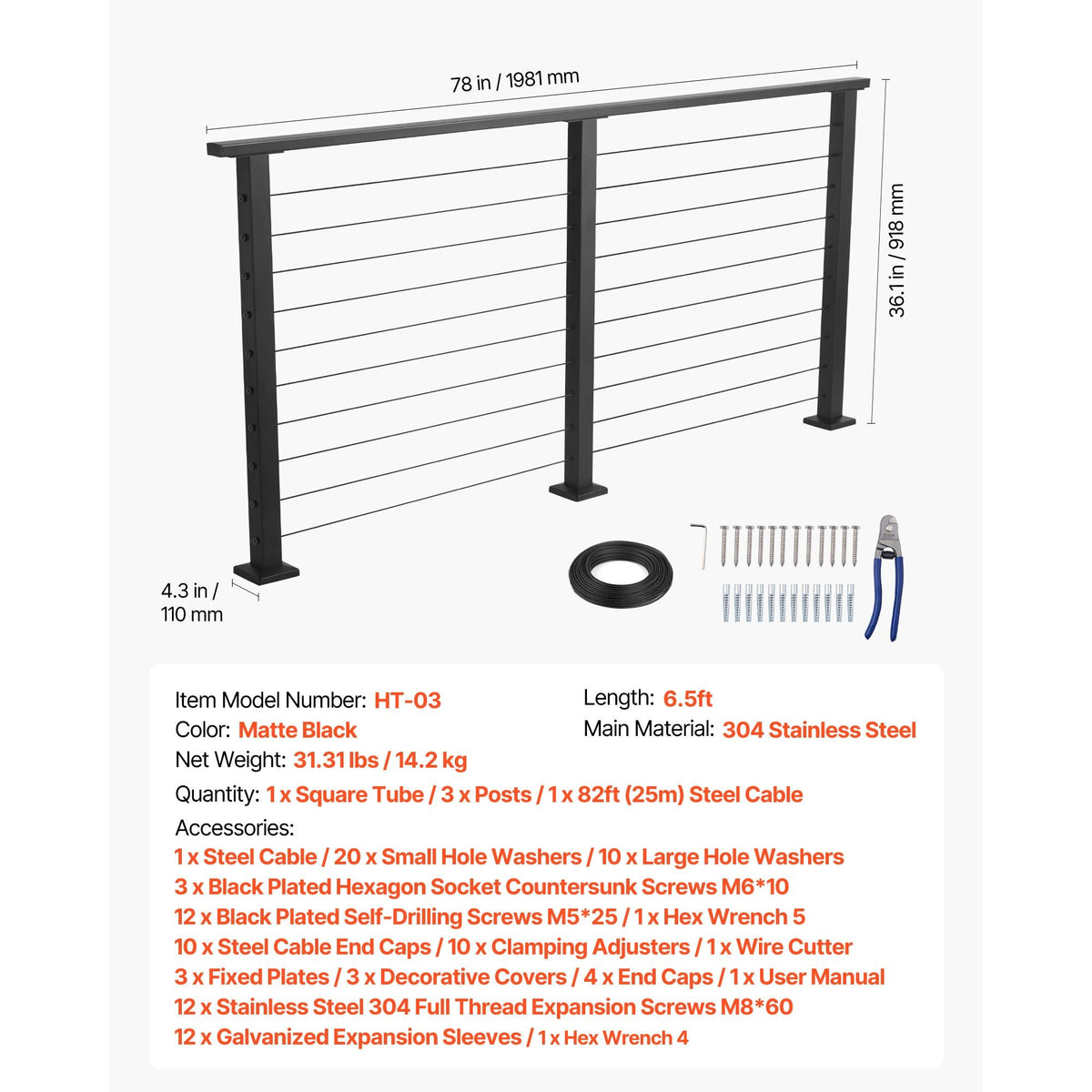 6.5 ft Complete Cable Railing Kit with Post, 35 inch Tall Matte Black Stainless Steel Handrail Cuttable for Outdoor/Indoor Steps, Level Hole Drilled Railing Posts System for Stairs,Deck,Balcony