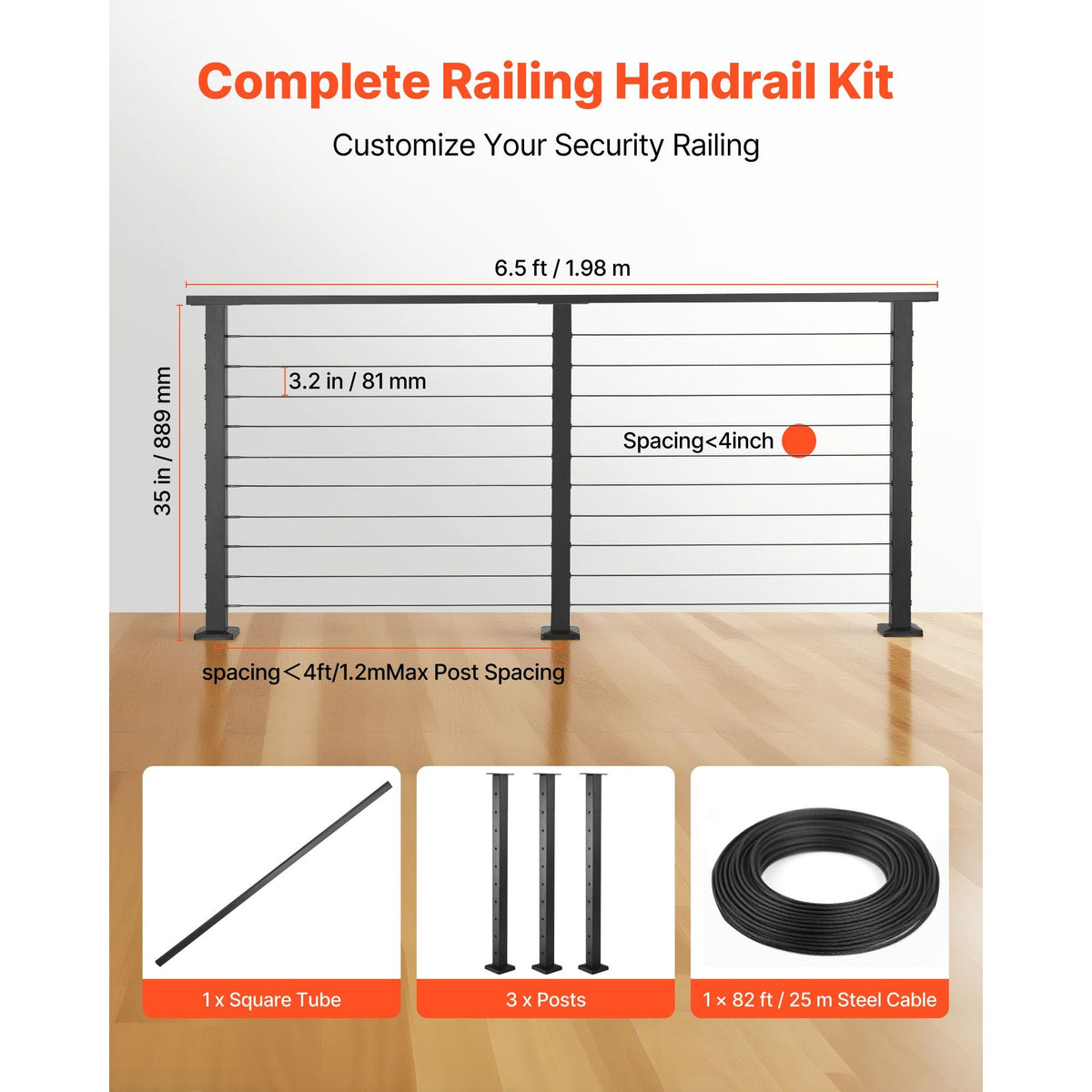 6.5 ft Complete Cable Railing Kit with Post, 35 inch Tall Matte Black Stainless Steel Handrail Cuttable for Outdoor/Indoor Steps, Level Hole Drilled Railing Posts System for Stairs,Deck,Balcony