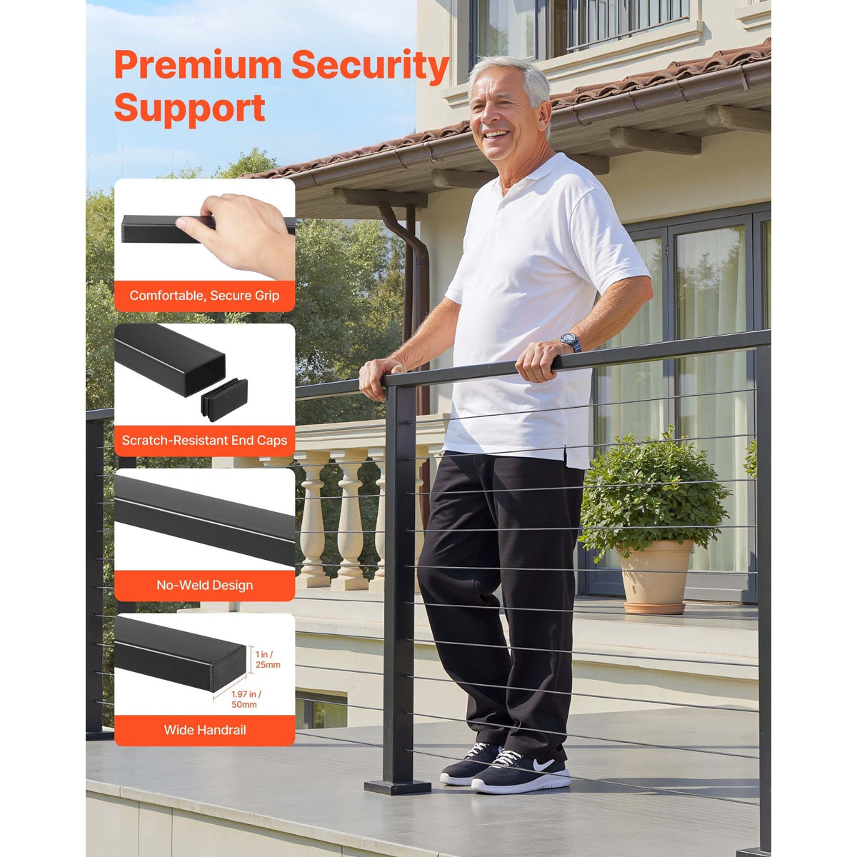 6.5 ft Complete Cable Railing Kit with Post, 35 inch Tall Matte Black Stainless Steel Handrail Cuttable for Outdoor/Indoor Steps, Level Hole Drilled Railing Posts System for Stairs,Deck,Balcony