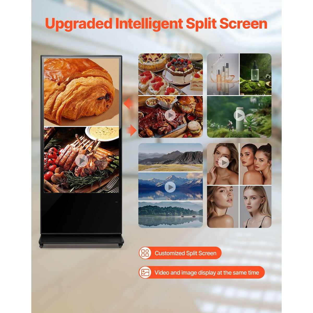 65 Inch Digital Signage Display, Touchscreen Digital Kiosk, Indoor Floor Standing Kiosk Display, 4K UHD LCD Screen, 2GB RAM & 32GB ROM, with WiFi HDMI/USB Input, Commercial Advertising Display