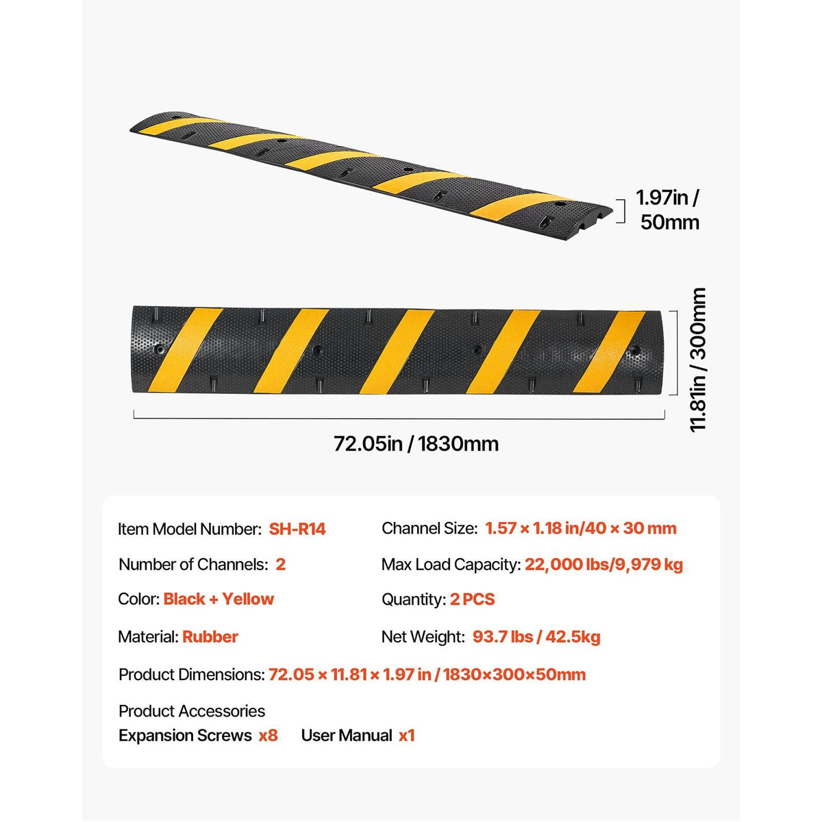 6FT Rubber Speed Bump, 2 Pack, 2 Channel Heavy Duty Traffic Speed Hump, 22000 lbs/Axle Load Capacity, 72 in Cable Protector Ramp with Expansion Screws, for Asphalt Concrete Gravel Driveway Road