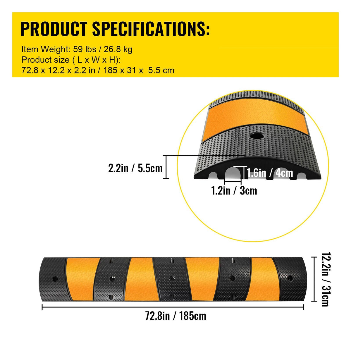 6ft Rubber Speed Hump for Driveways, Durable Cable Guard Ramp, 72.4x12x2.4 in, Dual-Channel for Garage, Gravel, Asphalt, Concrete Paths (Dual-Channel, 6ft-Speed Hump)