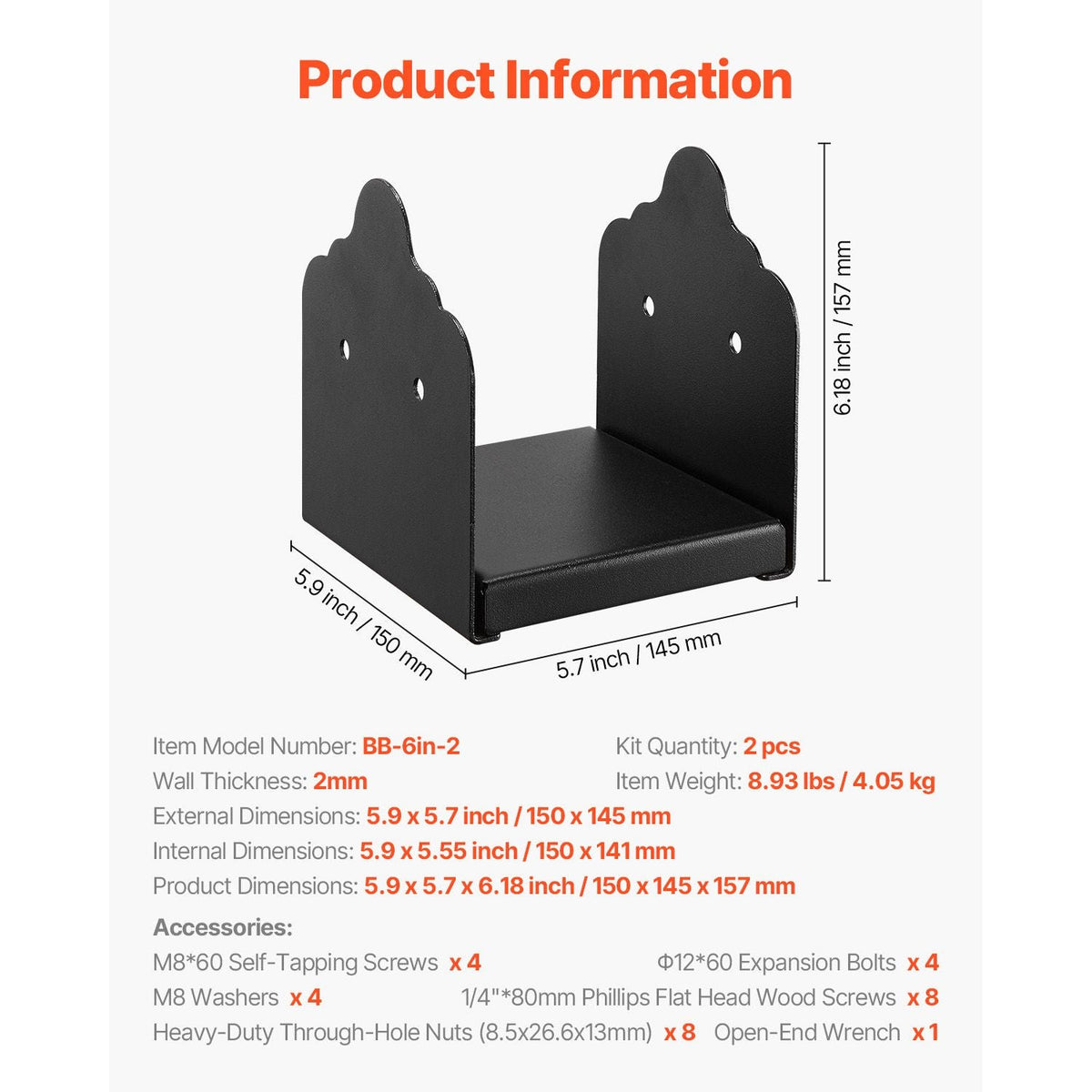 6x6 Post Base 2 Pcs, Inner Size 5.9x5.55 inch / 150x141 mm Post Brackets, Heavy Duty Carbon Steel Decking Posts, Wood Posts Brackets for Pavilion Deck Railing Support Deck Base Plate, Black