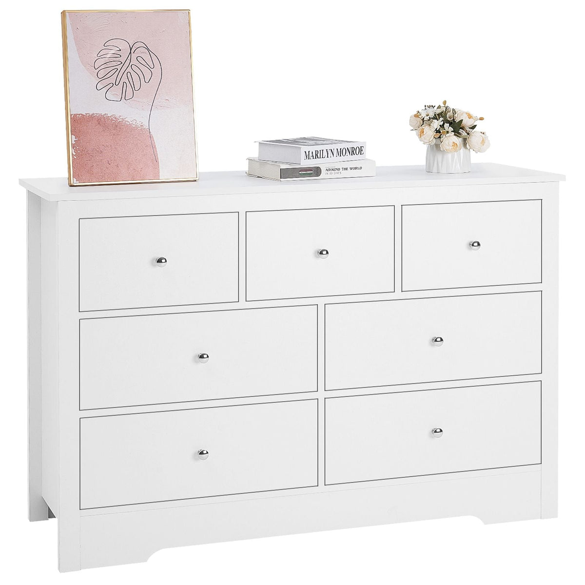 7 Drawer Dresser, Wooden Chest of Drawers with Sliding with Anti-tip Device, Modern Minimalist Dresser Chest, Closet Storage Organizer for Living Room, Hallway, Bedroom, Entryway, Light Wood
