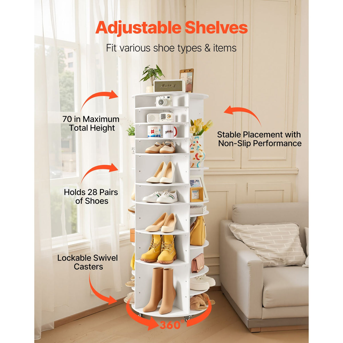 7 Tier Rotating Shoe Rack Tower with Adjustable Shelves, Movable 360° Spinning Carousel Display with Wheels, Lazy Susan Organizer Closet for Bedroom, Living Room, Entryway, Closet, White