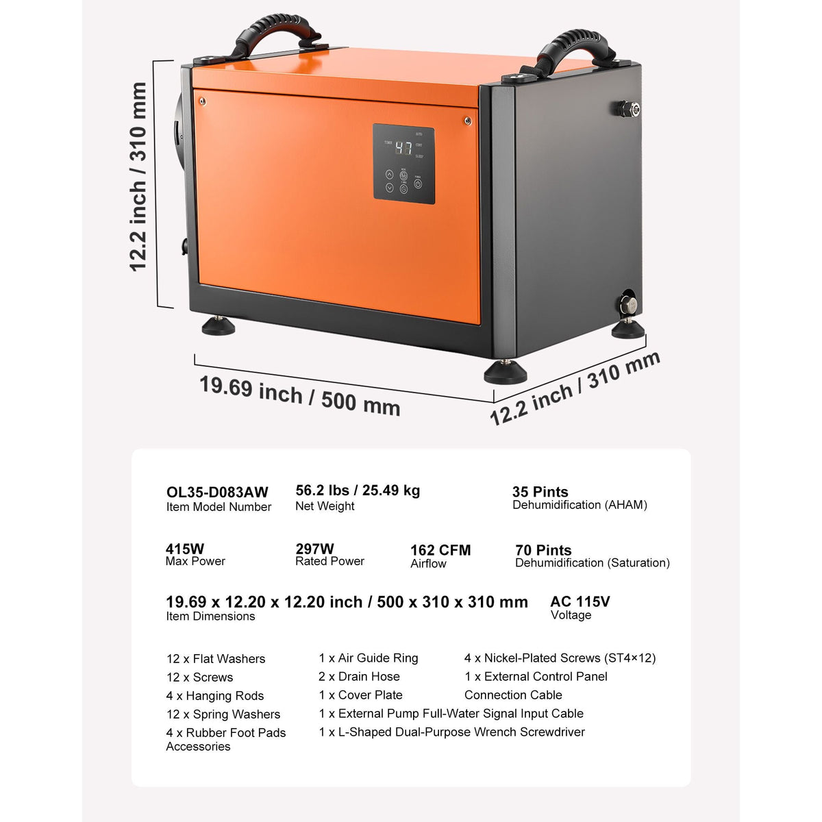 70 Pints Commercial Dehumidifier with Pump, Portable Crawl Space Dehumidifiers for Basement Storage Room Industrial, Auto Defrost/Drainage, Heavy-duty Galvanized Steel, with 2 Drain Hoses