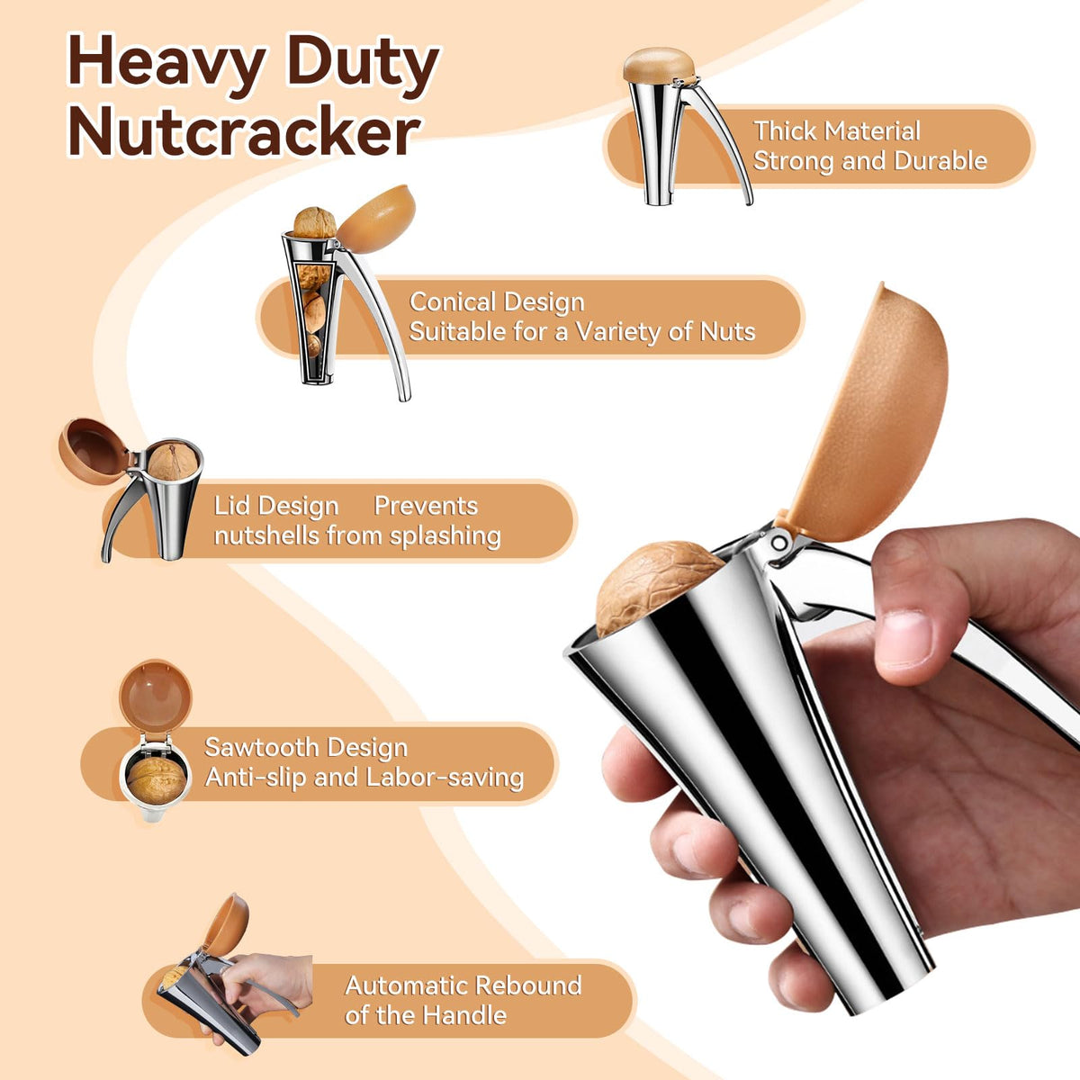 Nut Cracker, Heavy Duty Nutcracker with Splash-Proof Lid, Walnut Cracker Tool with Ergonomic and Self-Retracting Handle -Cracks Large to Medium Sized Nuts With Little Effort