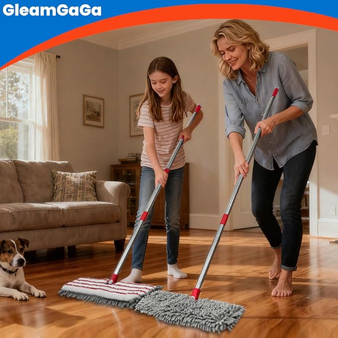 Microfiber Mops for Floor Cleaning, Flat Dust Mop with 4 Washable Pads, Dual-Sided Flip Mop for Wet & Dry Use, Extendable 62’’ Handle with Scraper, Floor Mops for Hardwood,Laminate,Vinyl,Kitchen,Tile