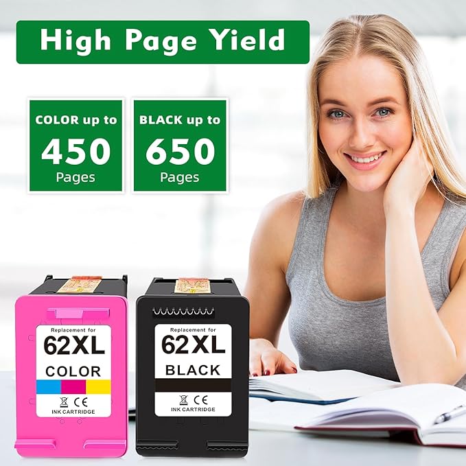 Replacement for HP 62xl Ink Cartridge Combo Pack - High Yield Ink Cartridges Compatible for hp Ink 62, Envy 5540 7640 7645 5660 OfficeJet 200 250 5740 Ink, Black, Tri-Color, 2 Pack