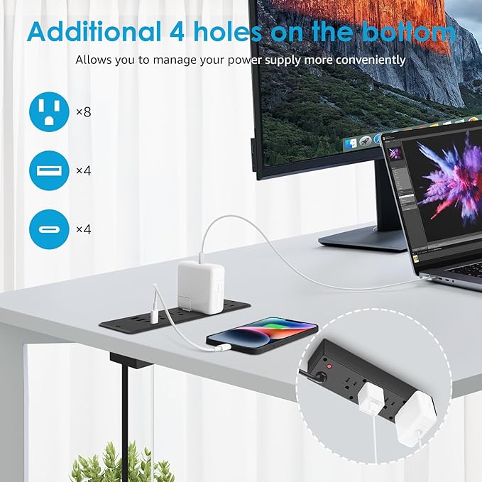 HHSOET 16 in 1 Recessed Power Strip Flat Plug, 45W Fast Charging Furniture Outlet with USB, Conference Recessed Surge Protection with 8 AC Plugs, 4 USB Ports 4 USB-C, 10ft Power Cord.(Black)