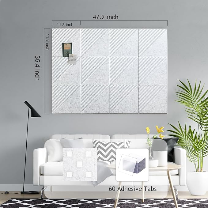 Large Cork Board for Walls 48"x 36", 12 Pack Felt Wall Tiles with Safe Removable Adhesive Tabs, Cork Board for Office,Pinboard Bulletin Board - Light Gray