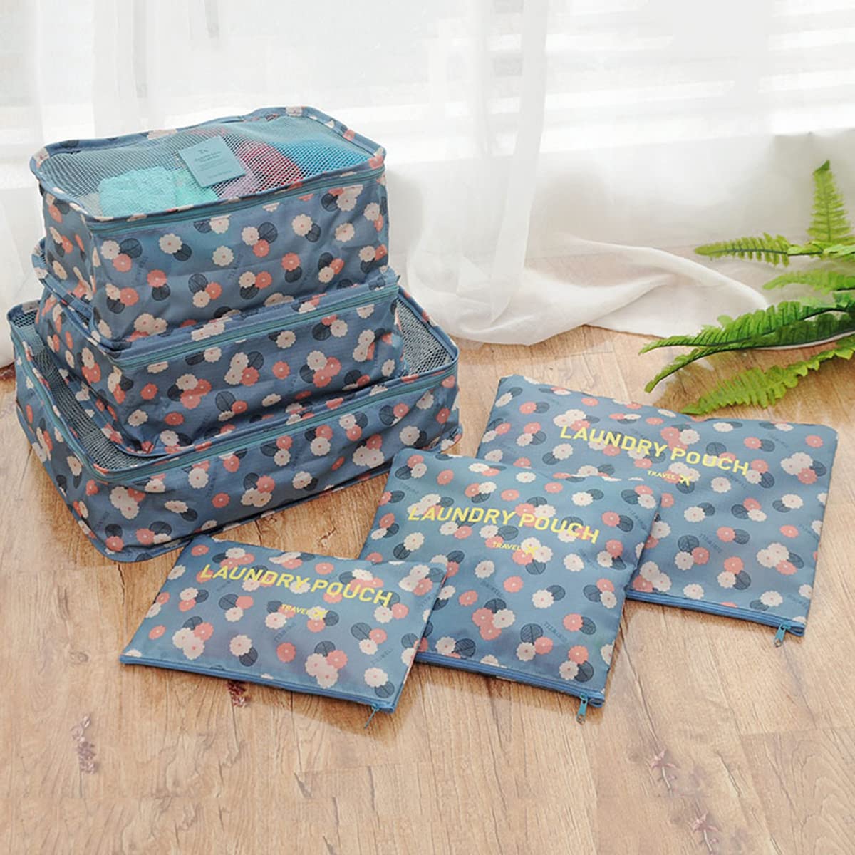 Laebevon 6 PCS Packing Cubes,Multi-functional Clothing Sorting Packages,Travel Carry On Luggage Organizers Storage Bags,Travel Packing Pouches, Blue Flower