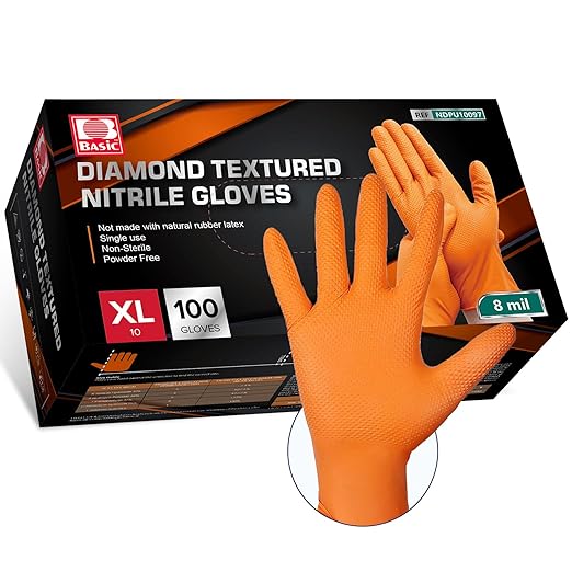 Jointown Basic Heavy Duty Nitrile Gloves, Mechanic Gloves 8 Mil Nitrile Disposable, with Raised Diamond Texture, Case of 100, Orange, XLarge