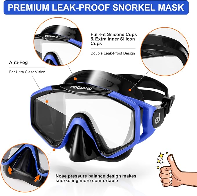 Odoland Snorkel Set, Adults Snorkeling Packages with Dry Top Diving Mask, Adjustable Swim Fins, Mesh Bag, Anti-Fog Anti-Leak Snorkeling Gear for Men Women