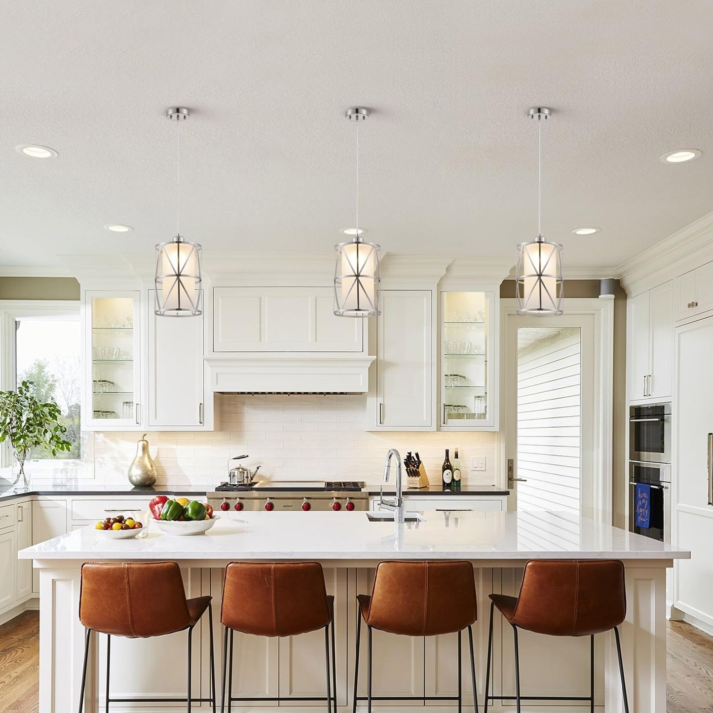 Zlierop Pendant Lights Kitchen Island with Frosted Glass, Brushed Nickel Hanging Kitchen Lights, Cylindrical Modern Pendant Light, Kitchen Pendant Lighting Over Island, Foyer, Dining Room, Entryway