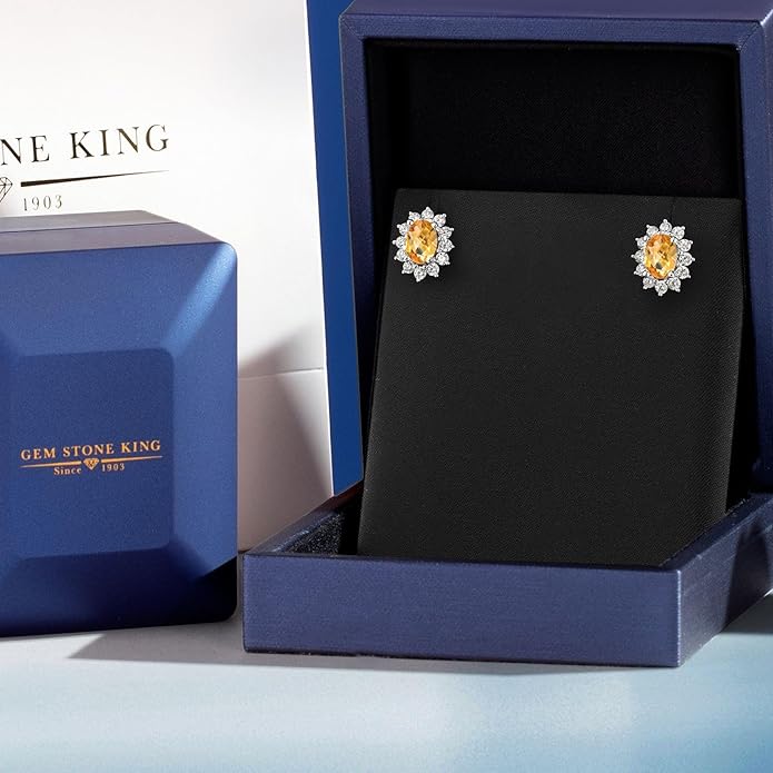 Gem Stone King 7X5MM Oval Gemstone Birthstone Stud Earrings For Women | Princess Diana Royal Halo Style | 925 Sterling Silver | Fine Jewelry Gifts for Anniversary Wedding Her Mom Women Wife