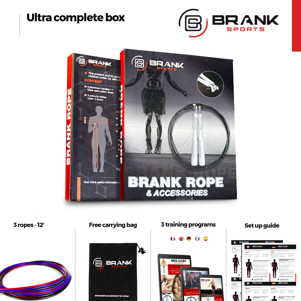 BRANK SPORTS® Speed rope set incl. 3 steel spare cables | Ideal for Crossfit, fitness, boxing and easy double under | Jump ropes for fitness women and men premium bearing balls | Unbreakable handles