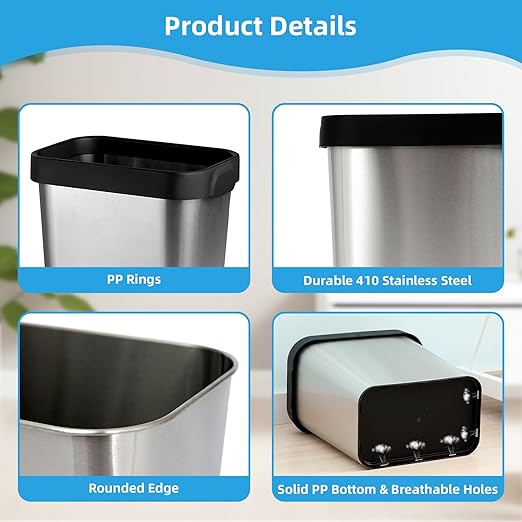 3 Pack Stainless Steel Trash Can 2 Gallon, Open Top Trash Can, 7" x 10" x 11", Rectangle Rubbish Bin, Slim and Narrow, No Lid Small Wastebasketfor Kitchen, Bathroom, Living Room, Office