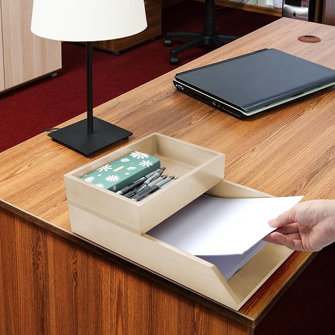 2-Tier Wood Letter Tray Wooden Desk Organizer Letter-Size Tray Magnetic Paper Document File Organizer for Office Supplies Collection Folders Notebooks Desktop Workspace Holder