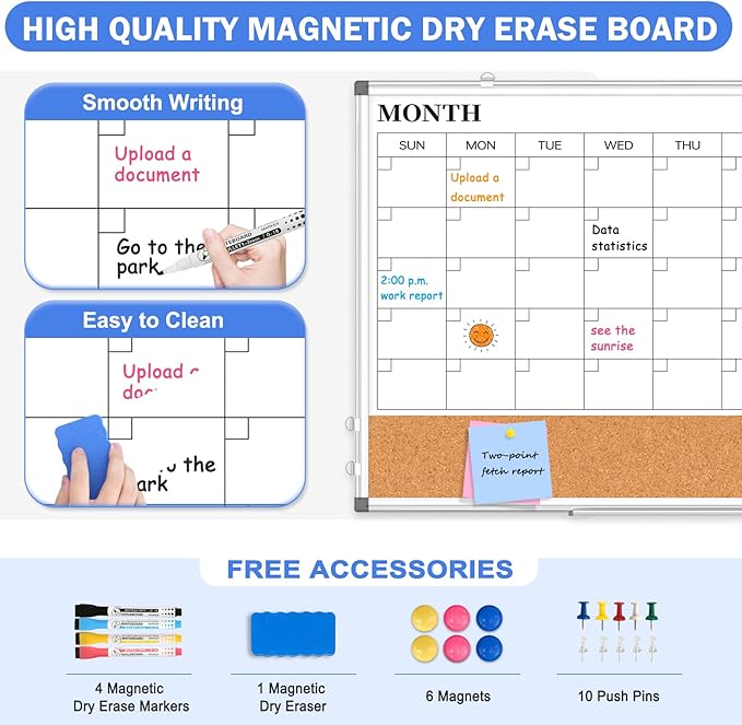Monthly Calendar Whiteboard Dry Erase Cork Board Combo for Wall, 30" x 20" Magnetic Double-Sided Calendar White Board and Bulletin Board, Portable Board for Office, Kitchen, School, Home, Dorm