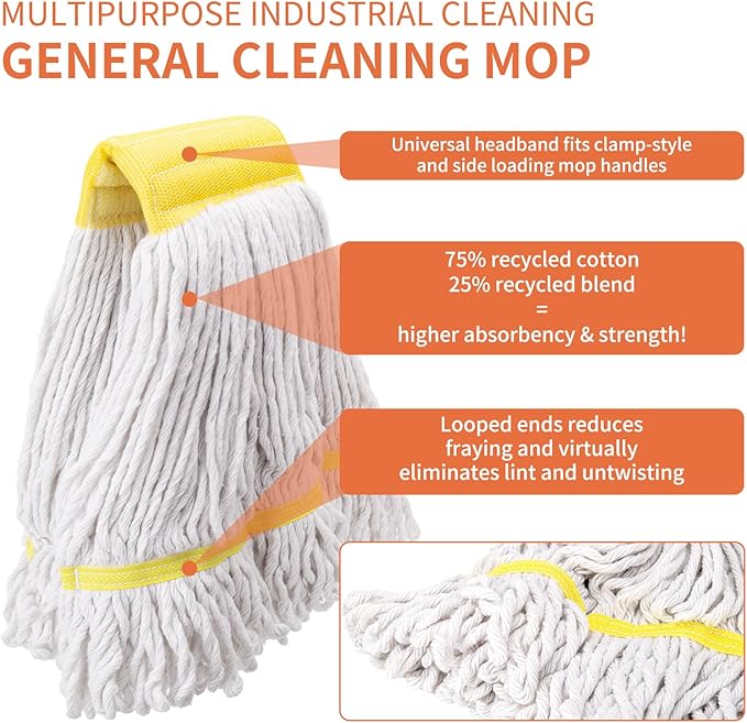 (2 Pack) Heavy Duty Mop Head Commercial Replacement for Floor Cleaning,Wet Industrial Cotton Looped End String Heads Refill,Yellow