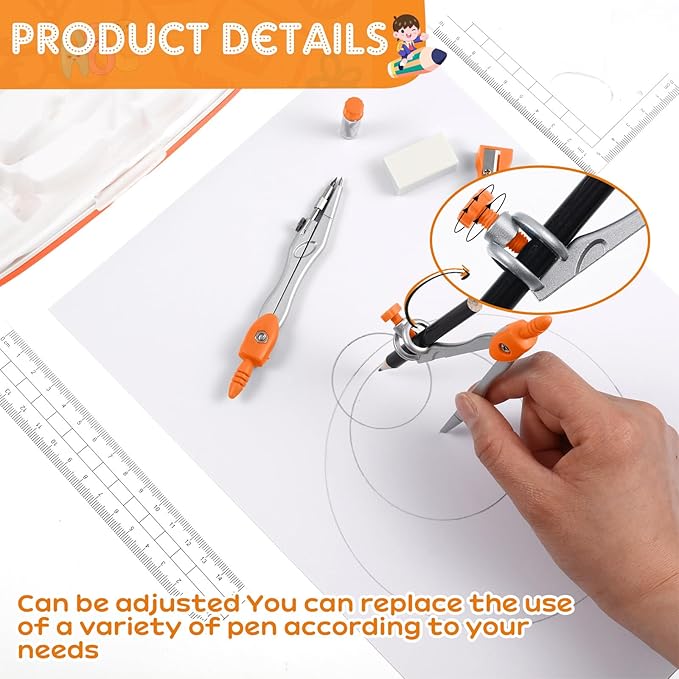 Teling 12 Sets Math Geometry Kit for Students 10 Pcs Compass Geometry Tools Set Includes Rulers Protractor Compass Eraser Pencil Sharpener Lead Refills Pencil (Orange)