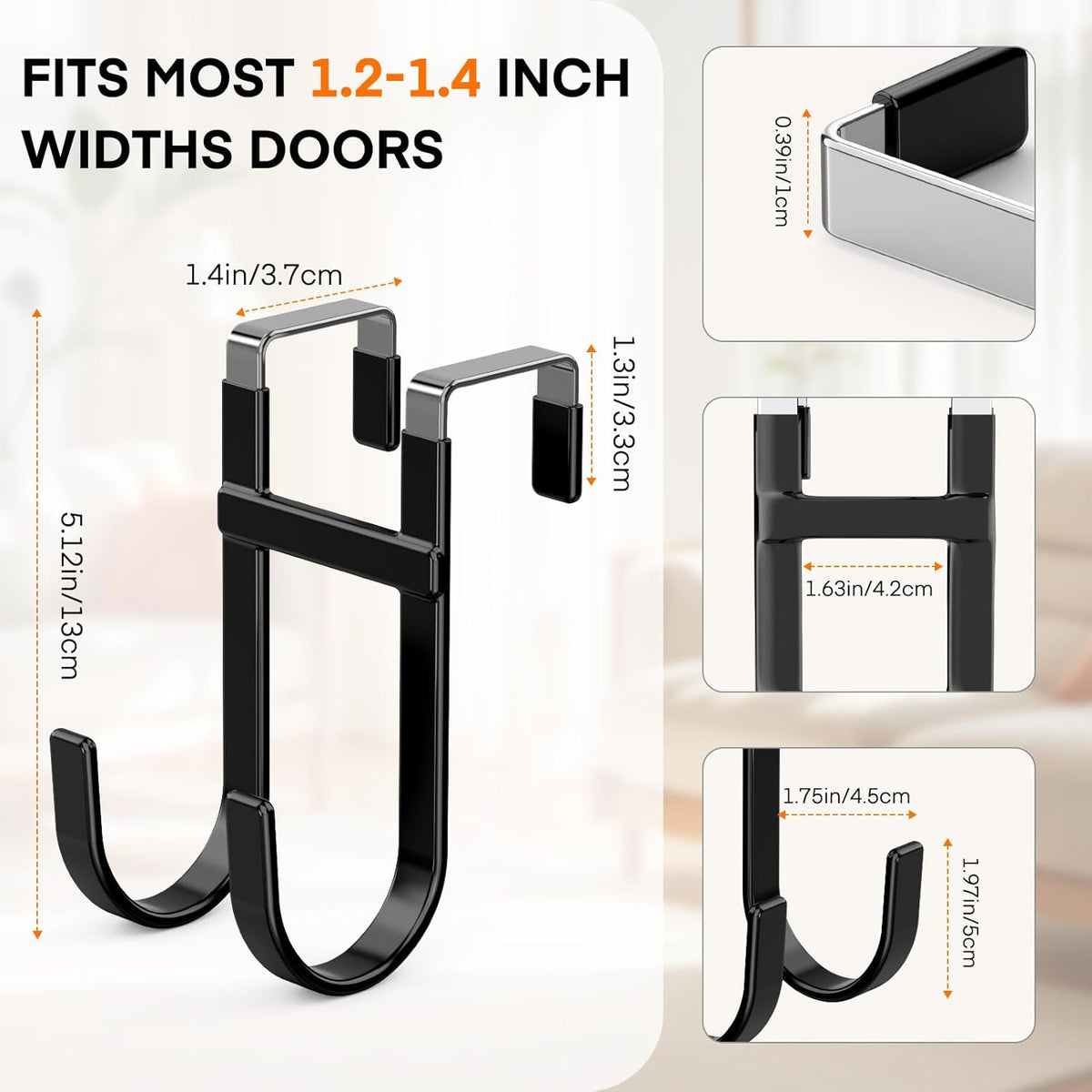 FYY Over The Door Hooks - 4 Pack Heavy Duty Dual-Hook Organizer Hanger with Non-Slip Rubber for Towels, Clothes, Hats & Bags Use in Bathroom, Bedroom, Kitchen - Fits Interior Doors Up to 1 3/8" Black