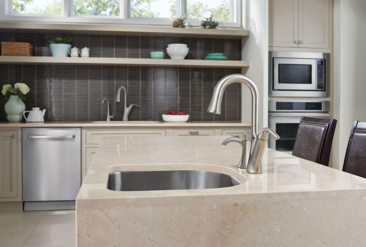 Moen Spot Resist Stainless Transitional Deck Mounted Kitchen Soap Dispenser with Above the Sink Refillable Bottle, S3946SRS