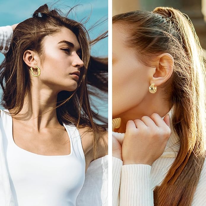 6 Pairs Gold Hoop Earrings Set for Women, 14K Gold Plated Huggie Chunky Earring Variety Pack, Hypoallergenic Thick Jewelry Gift