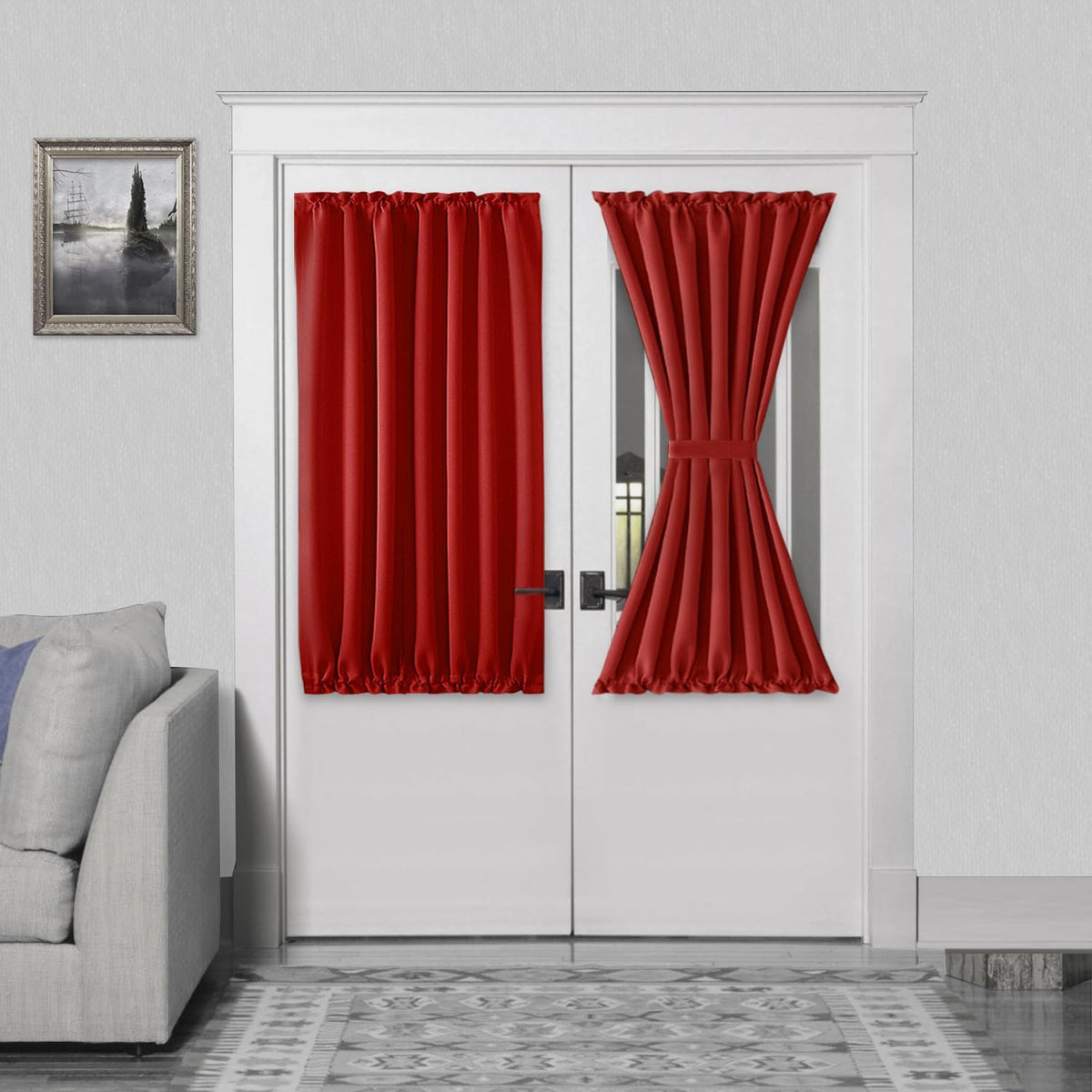 DWCN French Door Curtains – Rod Pocket Thermal Blackout Curtain for Doors with Glass Window, Christmas, Kitchen and Patio Doors for Privacy, 54 X 40 Inches Long, 1 Curtain Panel with Tieback, Red