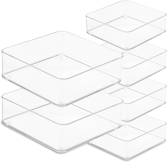 Plastic Clear Drawer Organizers. Bathroom, Kitchen, Bedroom, Makeup, Office Organizer Bins, Storage Trays. Heavy Duty, Stackable. 6" x 6" x 2" Set of 6