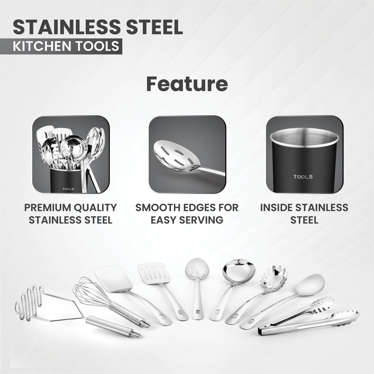 Avador® Premium Set of 10 Stainless Steel (BLACK HOLDER) Kitchen Tool Set with Holder Easy To Clean, Space Saving, Great for Cooking, Baking, Prepping (BLACK)