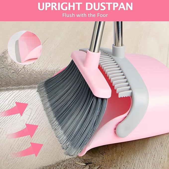 Broom and Dustpan Set, Dustpans with Broom Combo for Home, Heavy Dust Broom and Dustpan Combo, Long Handle Dust Pan and Broom Set for Kitchen, Office, Pet Hair(Gray Pink)