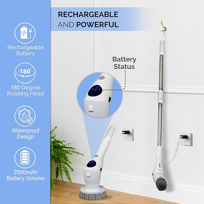 Electric Spin Scrubber, Cordless Power Brush with 8 Multi-Functional Heads, 3 Adjustable Speeds, IPX7 Waterproof, LED Display, Long Handle (13.8"-51"), Perfect for Bathroom, Tile, Kitchen, Car