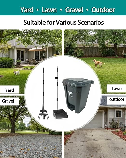 Dog Poop Trash Can Outside with Metal Rake & Tray – 20L Outdoor Pet Waste Bin with Foot Pedal Lid & 100 Bags – Waterproof Odor Control Heavy Duty Pooper Scooper for Yard & Large Dogs