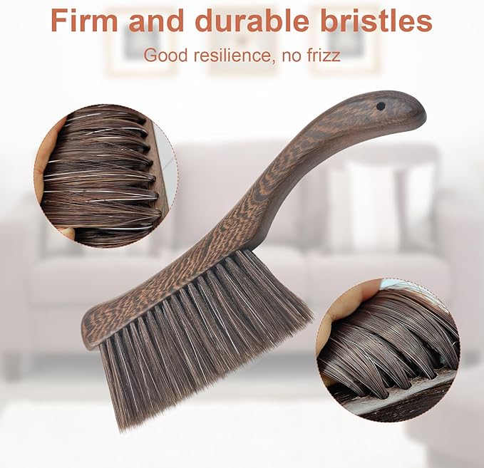 Hand Broom Brush, Wooden Handle Soft Bristle Cleaning Dust Brush,Bench Brushes with Bristlesfor Furniture, Bed, Car, Bench, Crevice Cleans, Sofa, Fireplace, Clothes（Curved Handle）