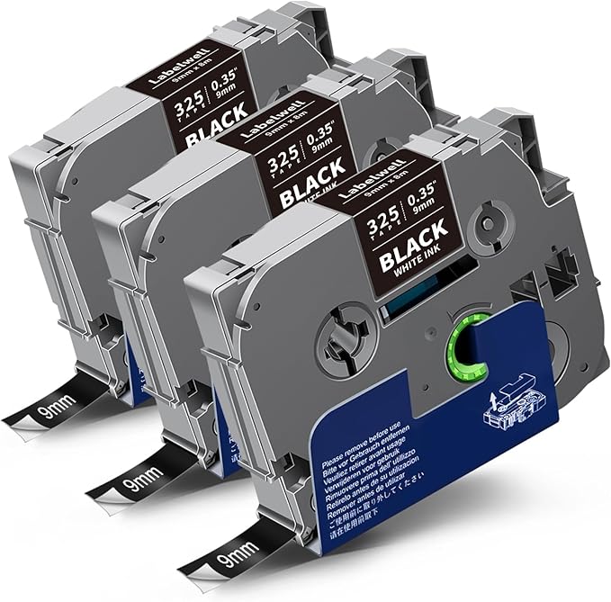 9mm 0.35 Inch Laminated White on Black Compatible with P Touch Label Tape TZ TZe-325 TZe325 Refills for Ptouch PT-H110 D200 D210 D220 D400 D610BT H103W Label Maker, 3-Pack