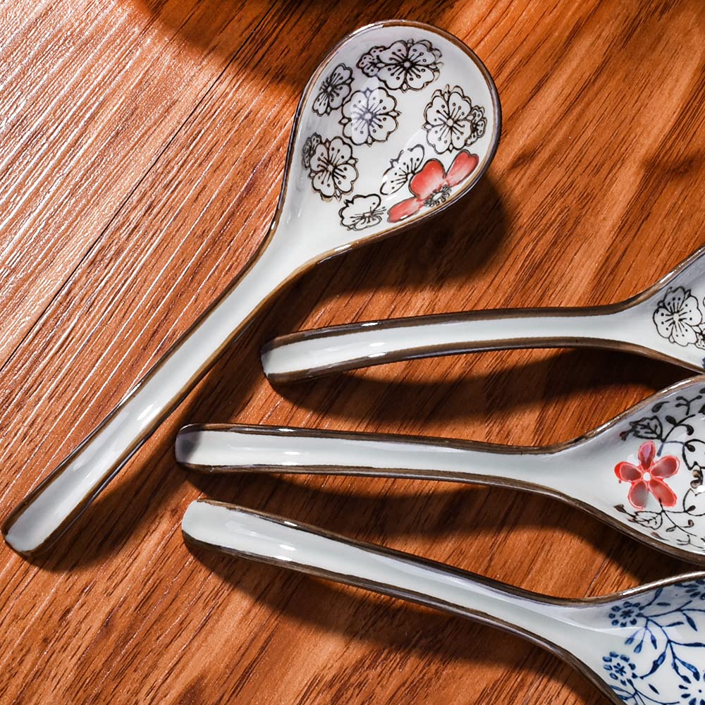Set of 4 Japanese Ceramic Soup Spoons with Different Patterns Porcelain Rice Spoons with Long Handle Suitable for Rice Porridge Cereal Wonton Tong Sui Pho Udon and Ramen