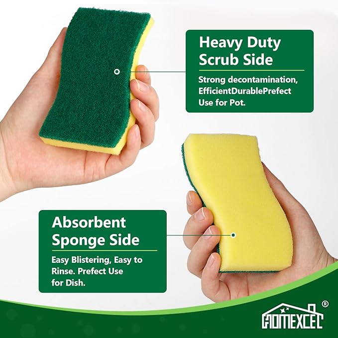 HOMEXCEL Sponges Kitchen 24pcs Heavy Duty for Dishes, Yellow Scrub Cleaning Sponge for Non-Coated Cookware, Dishes, Pots, Pans, Dual Sided Dish Sponge for Kitchen, Household, Bathroom