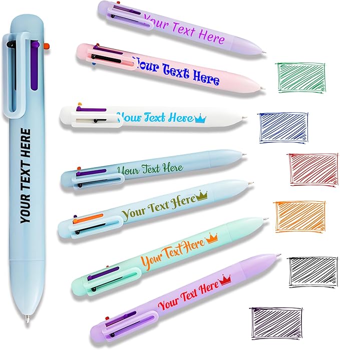 Custom 6-In-1 Multicolor Ballpoint Pen 0.5mm Tip Personalized Pens with Text Logo Name Printed Customized Pens Gift for Businesses School Office Employee Exhibition, 14PCS
