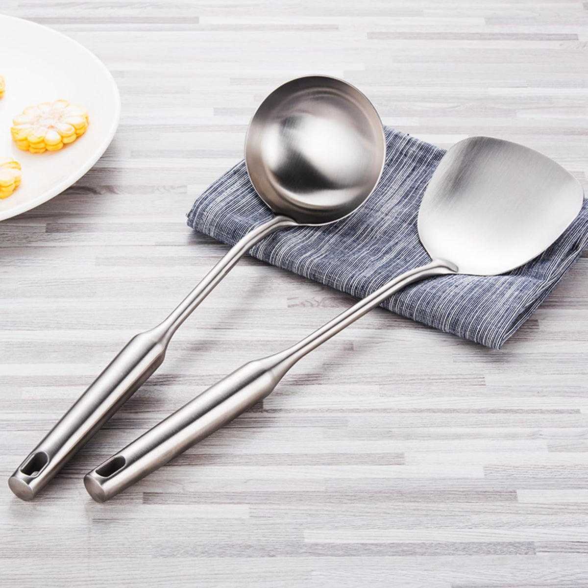 304 Stainless Steel Cooking Utensil Set 4-Piece Kitchen Utensils with Extra-Long Handles, Spatula,Ladle,Slotted Spoon,Slotted Spatula,One-Piece Construction, Ideal for Wok, Grilling, and Gifting