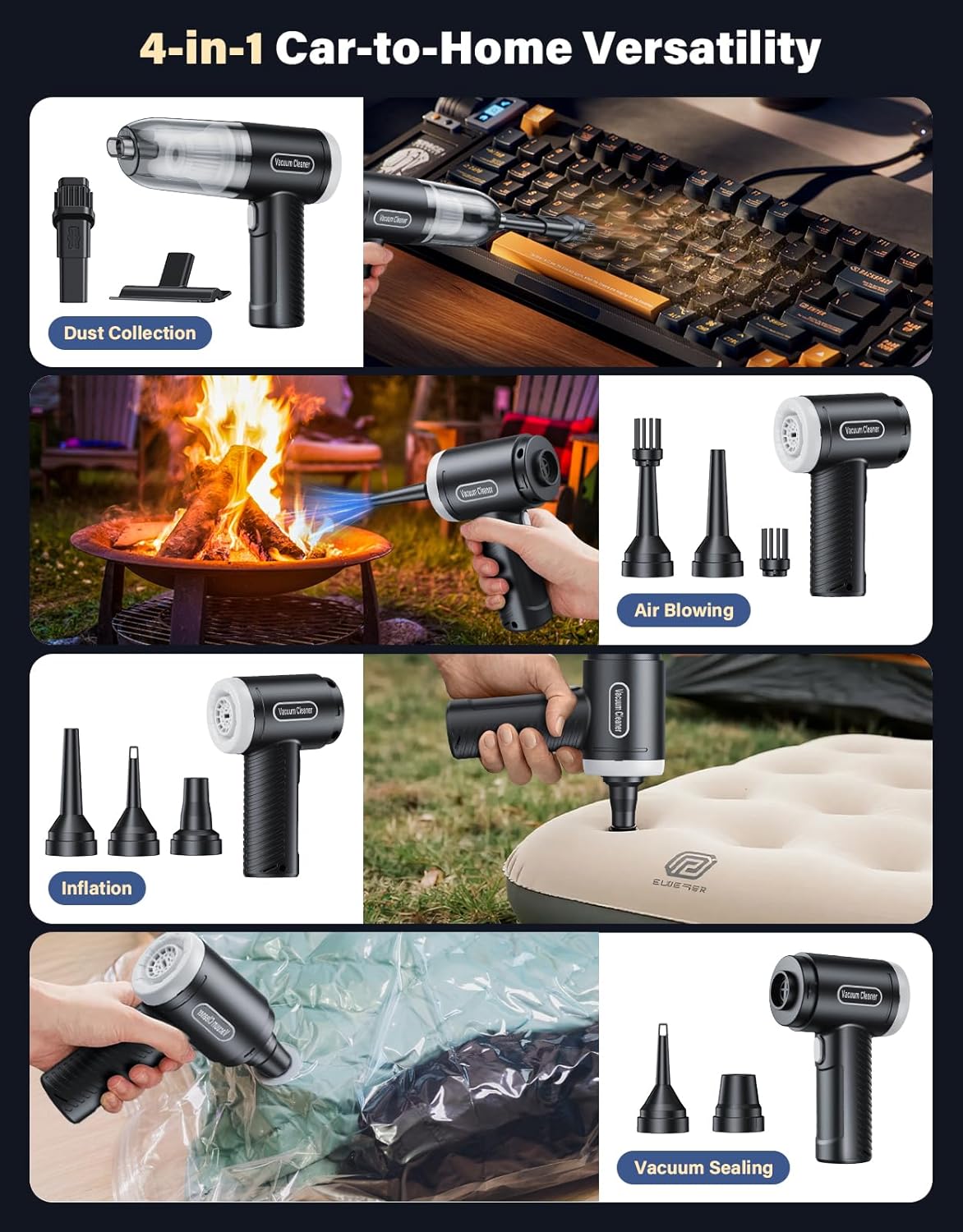 Car Vacuum Portable Cordless, 16000Pa Handheld Vacuum Mini Vacuum Cleaner High Power with Best Suction Brushless Motor, 4 in 1 2-Speed Air Duster Portable Vacuum for Car Keyboard Pet Hair