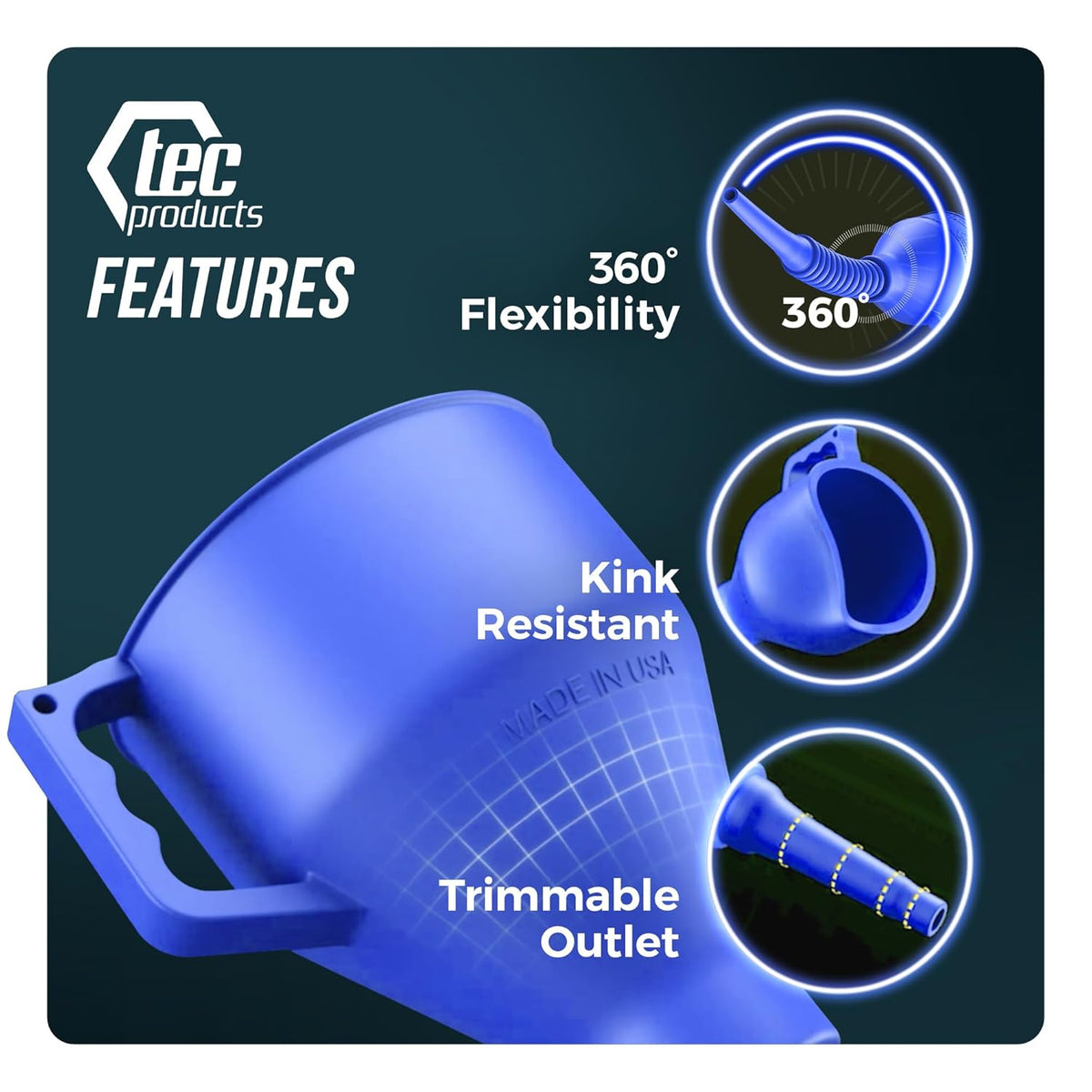 TEC Products FlexAll Long Flexible Funnel for Automotive Use - Durable Nitrile Rubber - Ideal for Car Oil Change, Transmission Funnel Fluid, Diesel, Fuel, Gas - Made in USA - Blue (16 x 5 Inches)