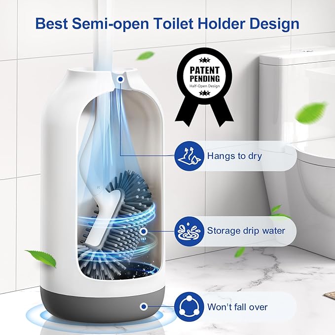 HAMITOR Toilet Bowl Brush Holder Set: 2Pack Deep Cleaning Silicone Toilet Scrubber Under Rim with Curved Bristle for Bathroom Dead Corner Clean - Modern Rv Decorative Accessories