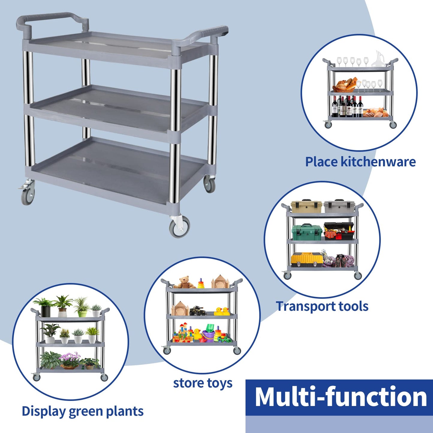 UNICOO 3-Tier Heavy Duty Rolling Utility Cart with Lockable Silent Wheels, 550 Pound Capacity, Anti-Rust Frame, Easy-Clean Shelves for Restaurant, Office, Garage and Kitchen