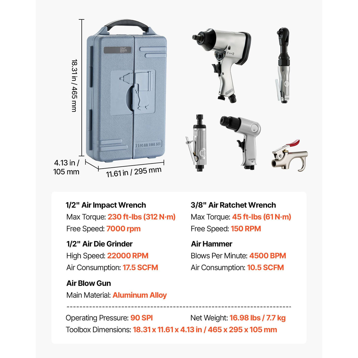 71 Pieces Pro Air Tool and Accessories Kit - 1/2" Air Impact Wrench, 3/8" Ratchet Wrench, 1/2" Die Grinder, 4500BPM Hammer, Blow Gun for Auto Repair, Home DIY Project - Storage Case Included
