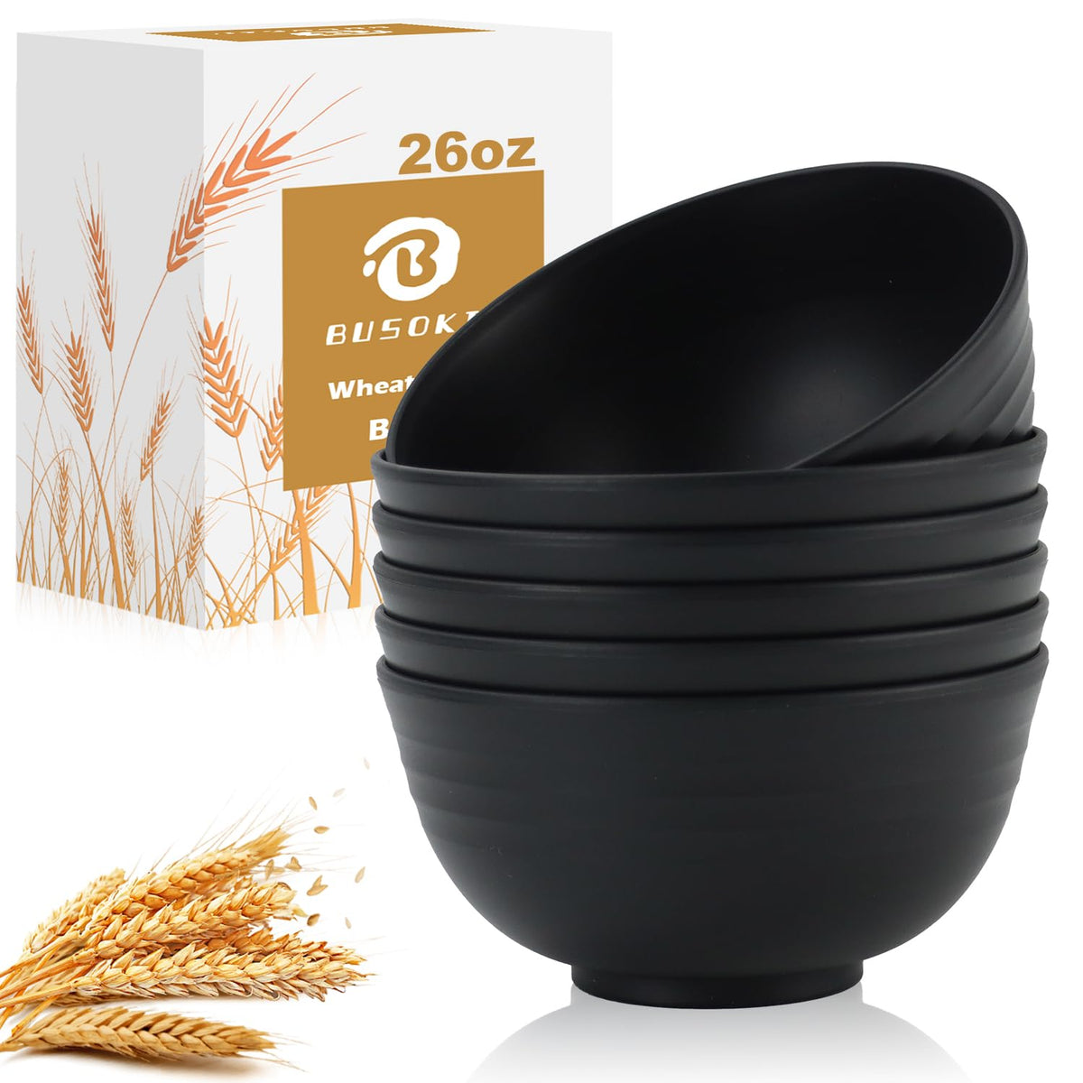 BUSOKIP Ramen Bowl 26oz, Unbreakable Wheat Straw Bowls Sets of 6, Plastic Bowl Reusable, Microwave & Dishwasher Safe Cereal Bowls for Kitchen, Dorm, Office- Black