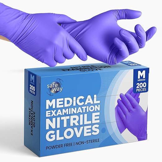 SafeWay Nitrile Gloves, 200 Ct, Medium, Powder-Free, Latex-Free, All-Purpose, Professional Disposable Gloves with Textured Fingertips for Medical Use, Food Prep, Cleaning, Tattoo & More